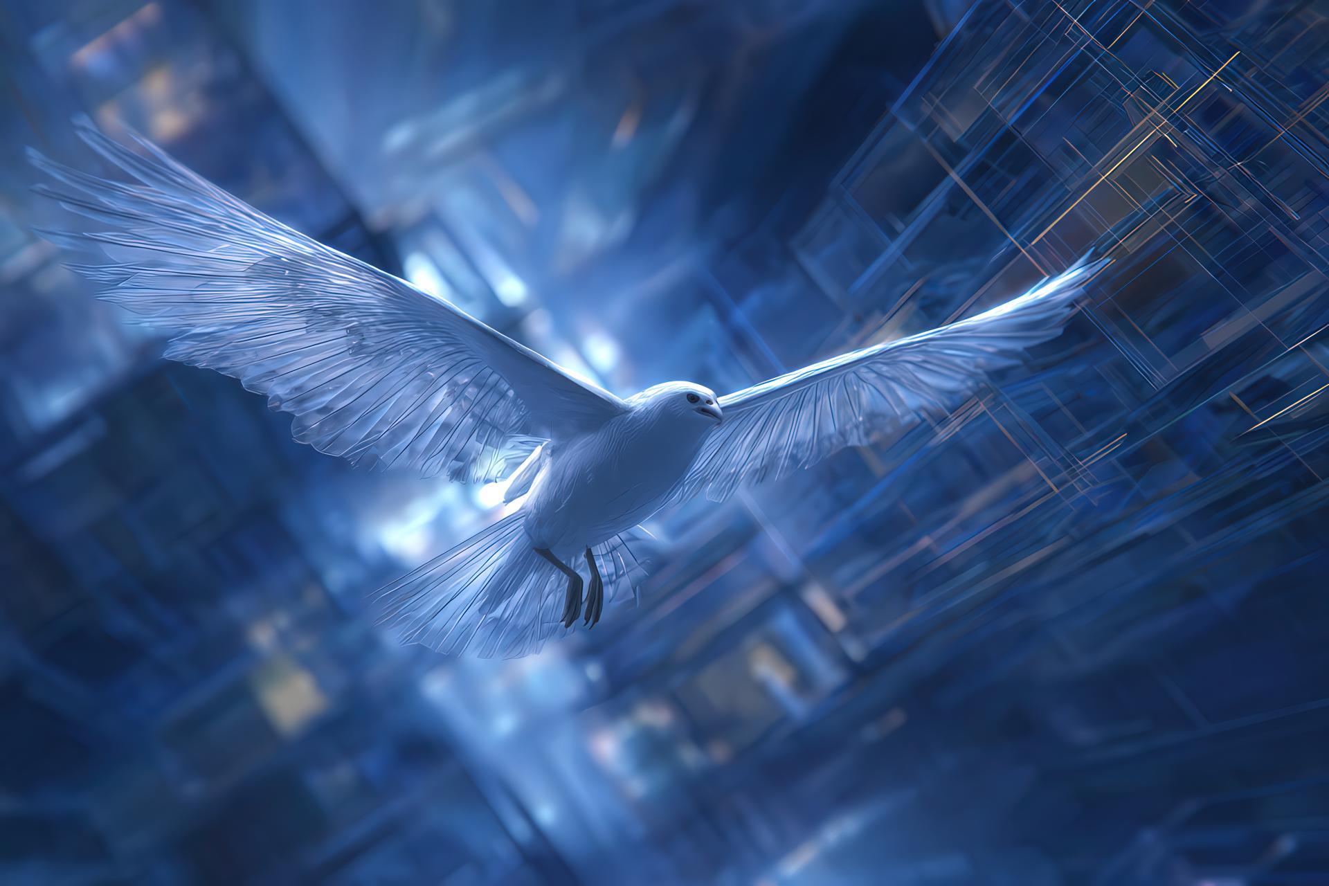 Uccello che vola sopra una città futuristica come simbolo di libertà progettuale
