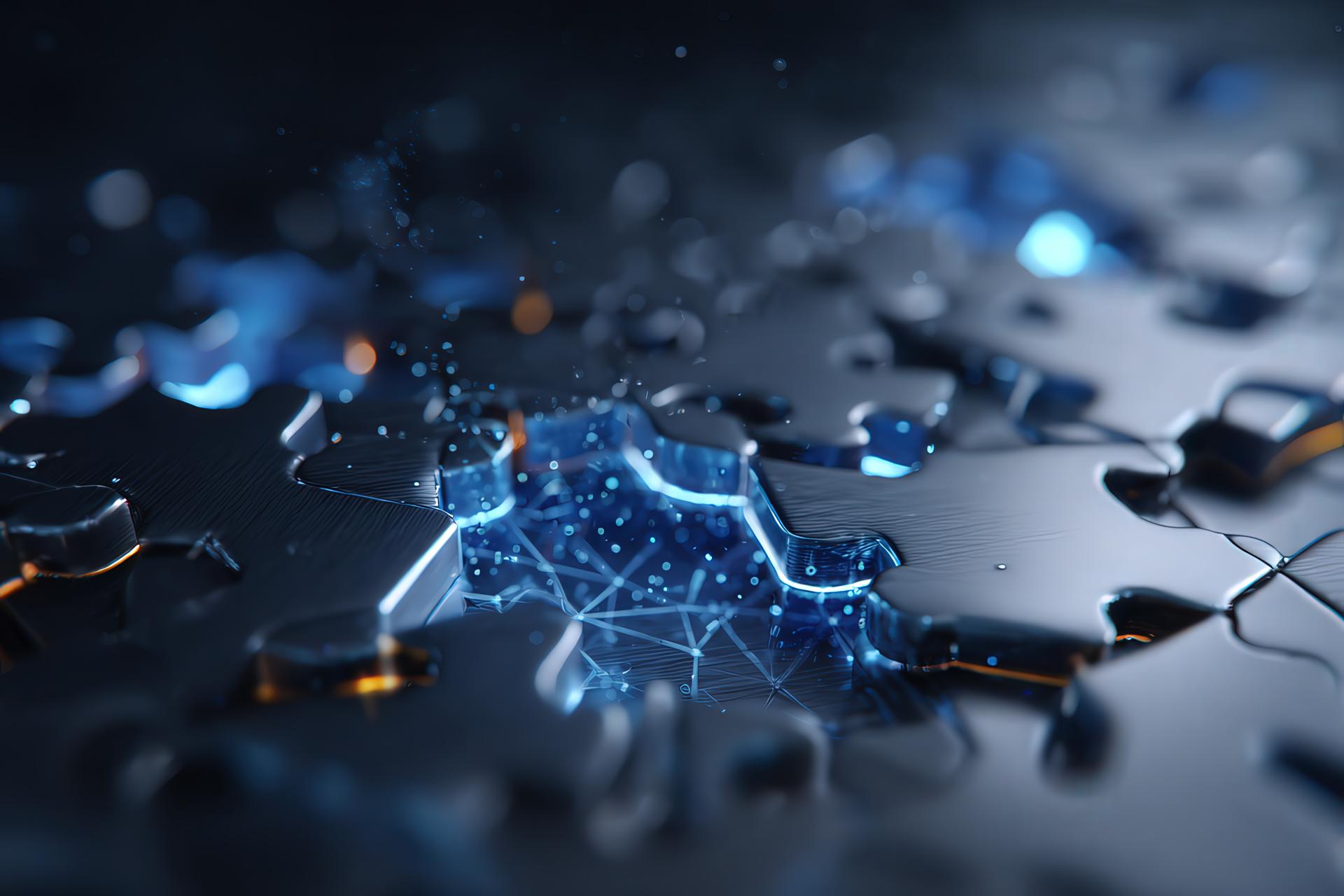 Puzzle che si completa con pezzi luminosi come simbolo di soluzione progettuale