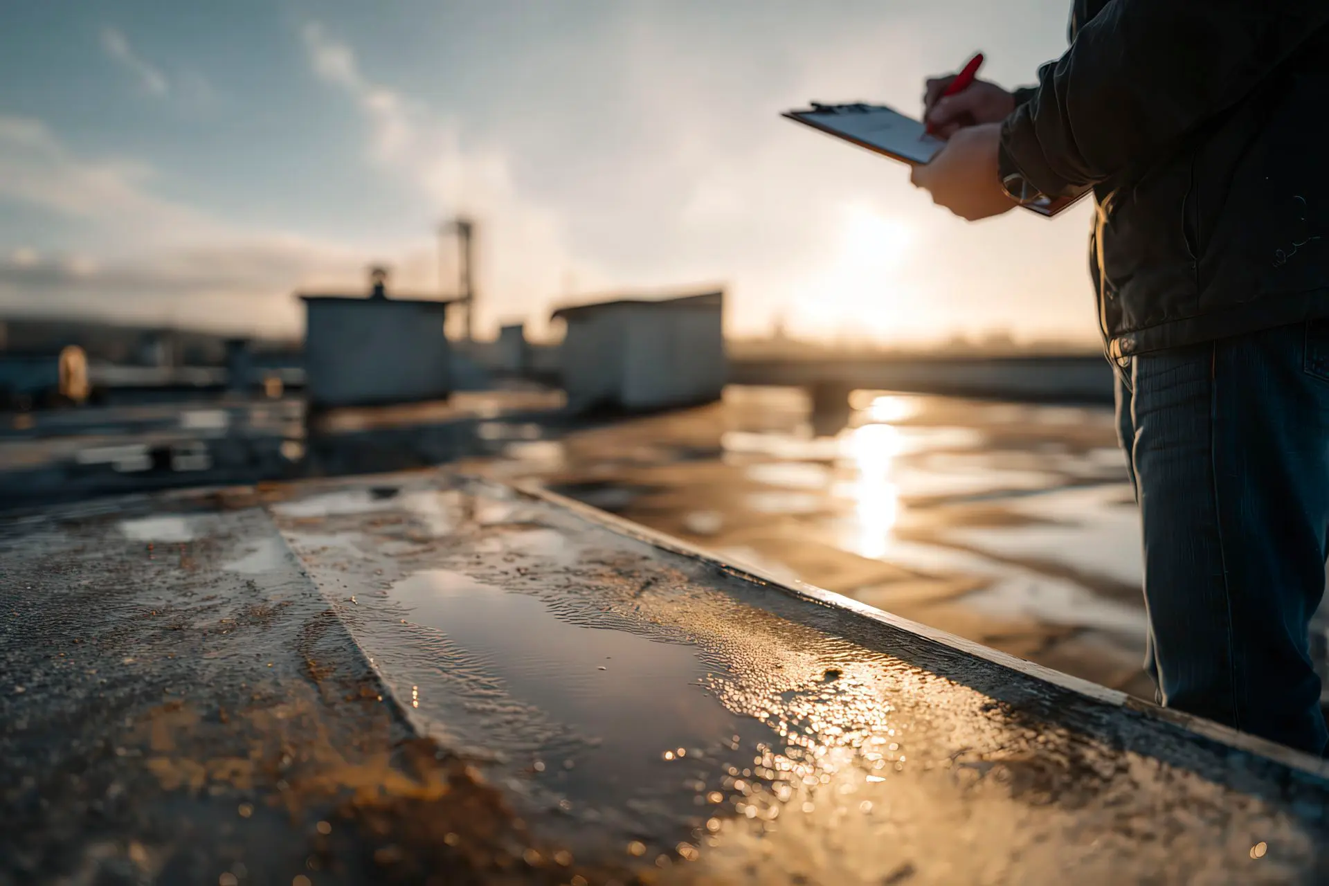 Tecnico che controlla scarico e pendenze su copertura impermeabilizzata