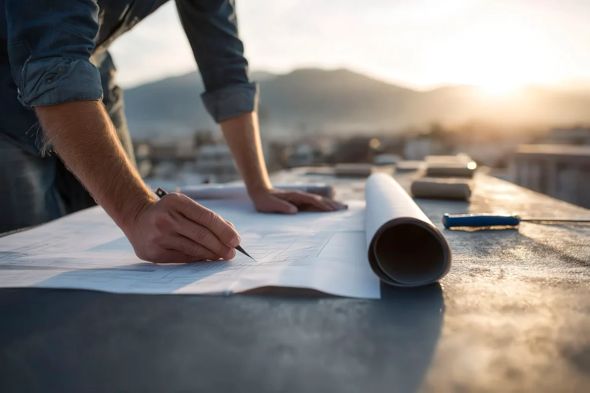 Dettaglio di impermeabilizzazione con disegno tecnico e campione membrana