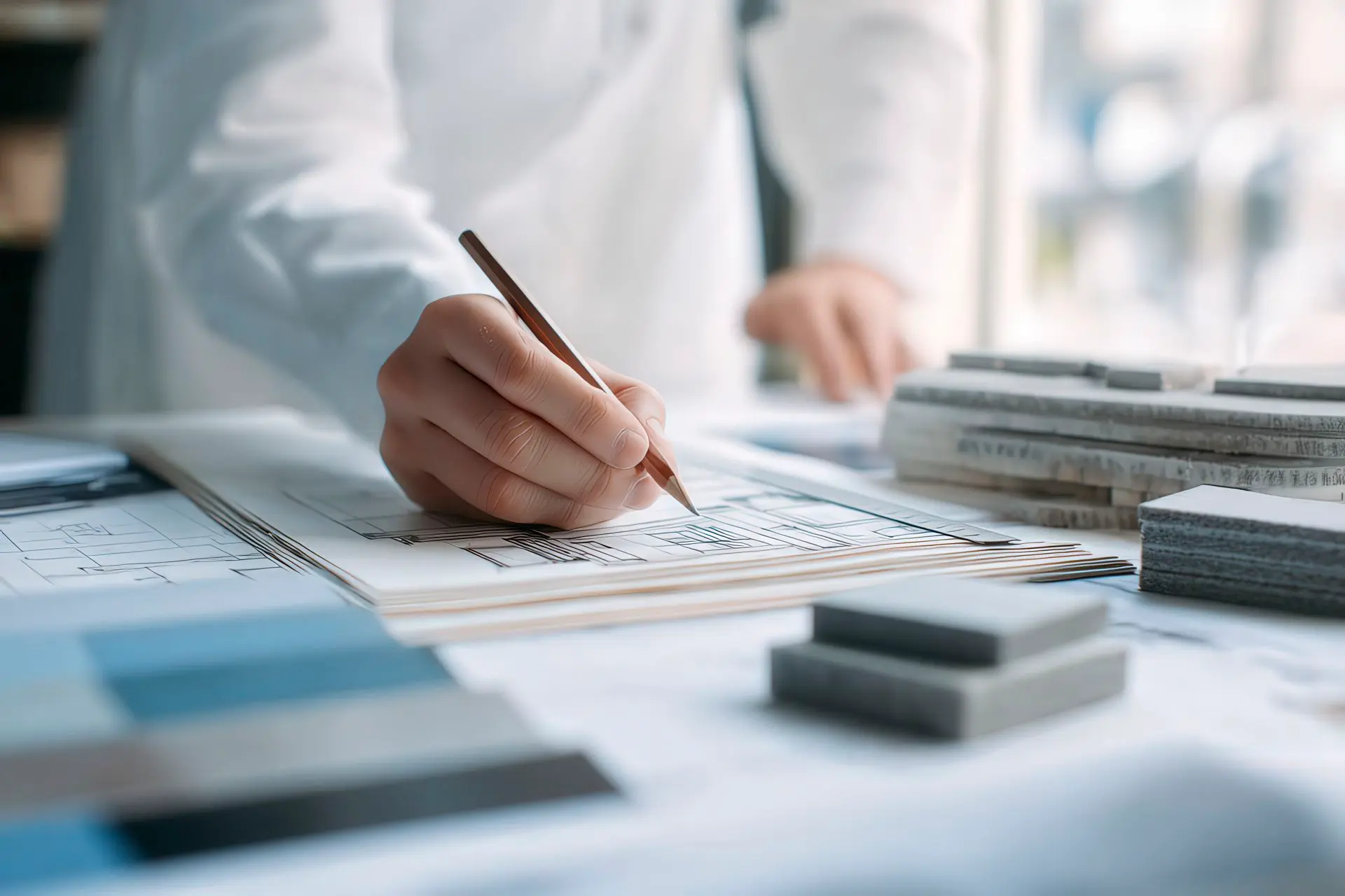 Mani che annotano una stratigrafia di impermeabilizzazione con campioni materiali